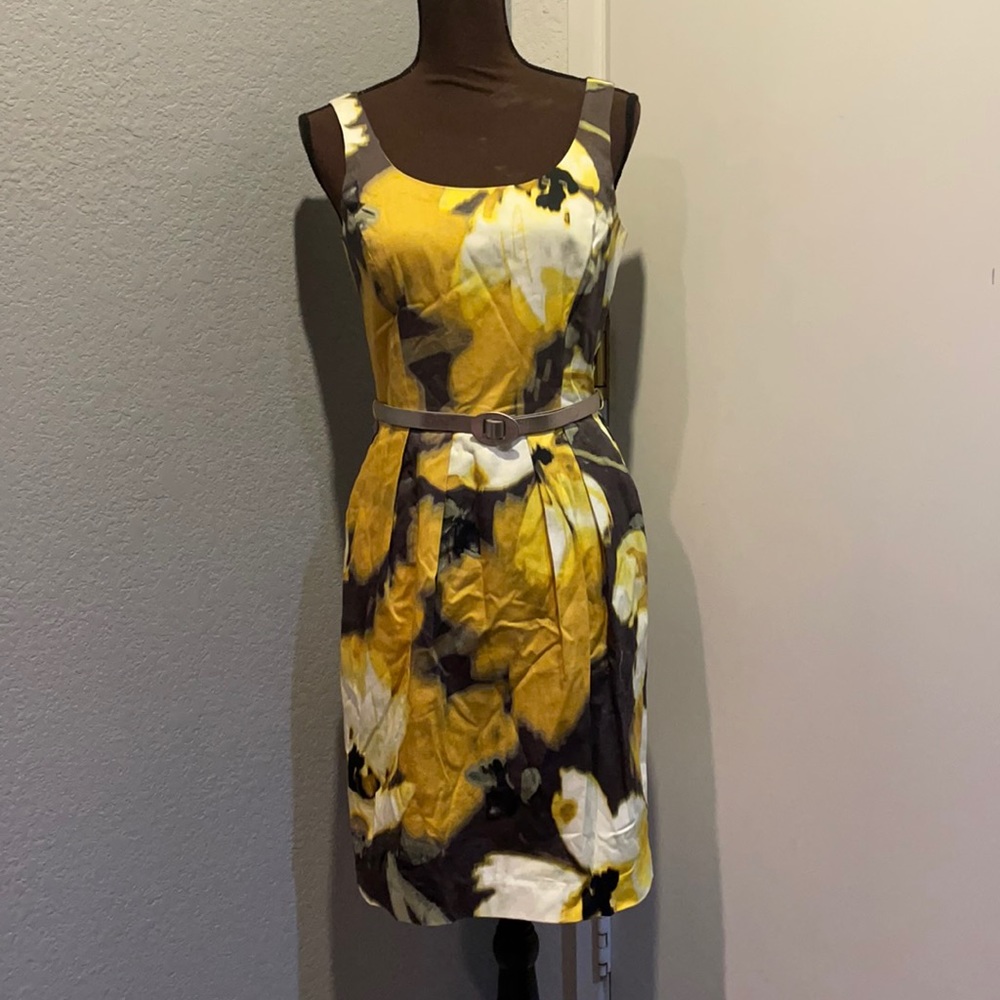 Eliza J Yellow White Black Floral Midi Dress with Belt